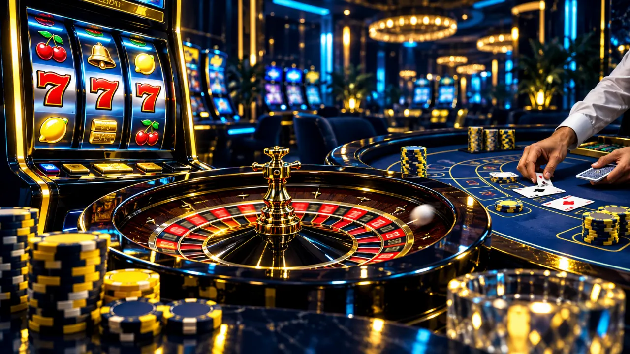 Spielautomaten, Roulettekessel und ein Live-Blackjack-Tisch im Casino-Licht