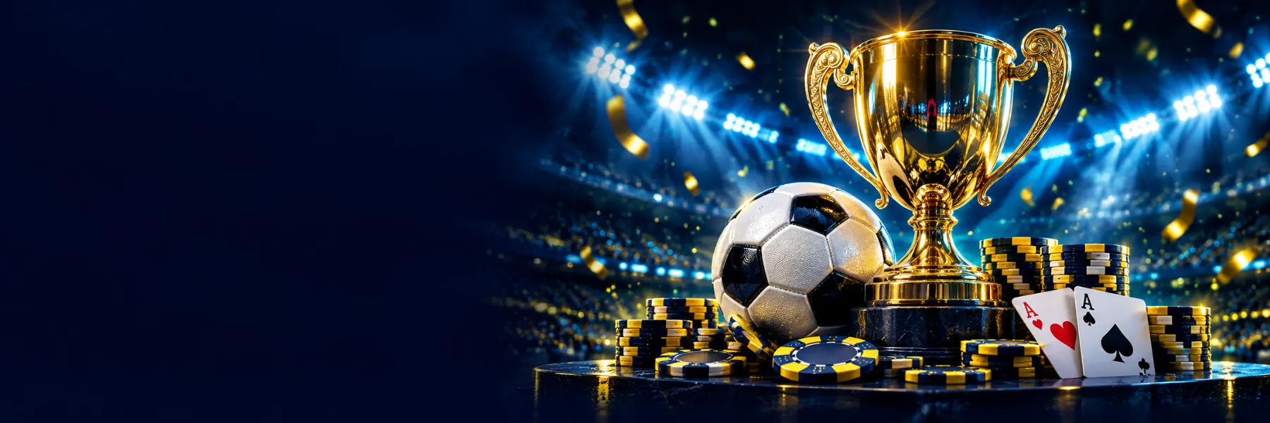 Pokal, Fußball und Casino-Chips im Scheinwerferlicht